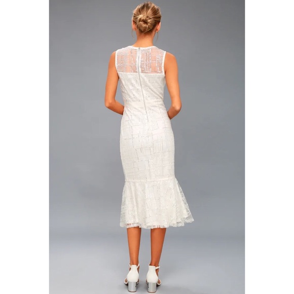 Lulu's “Classy Missy” White Silver Sequin Peplum Midi Shiny Formal Dance Dress - Picture 5 of 14